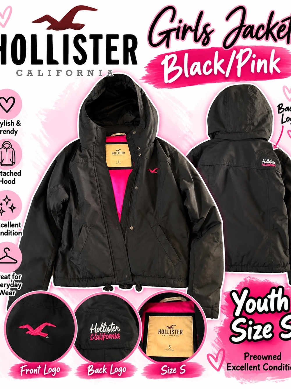 Hollister Black Hooded Jacket with Pink Lining - Girls